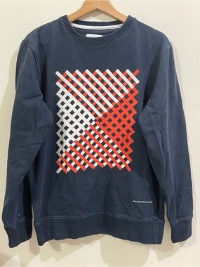 Saturdays New York City Navy Crewneck Sweater with Red & White Lattice Graphic